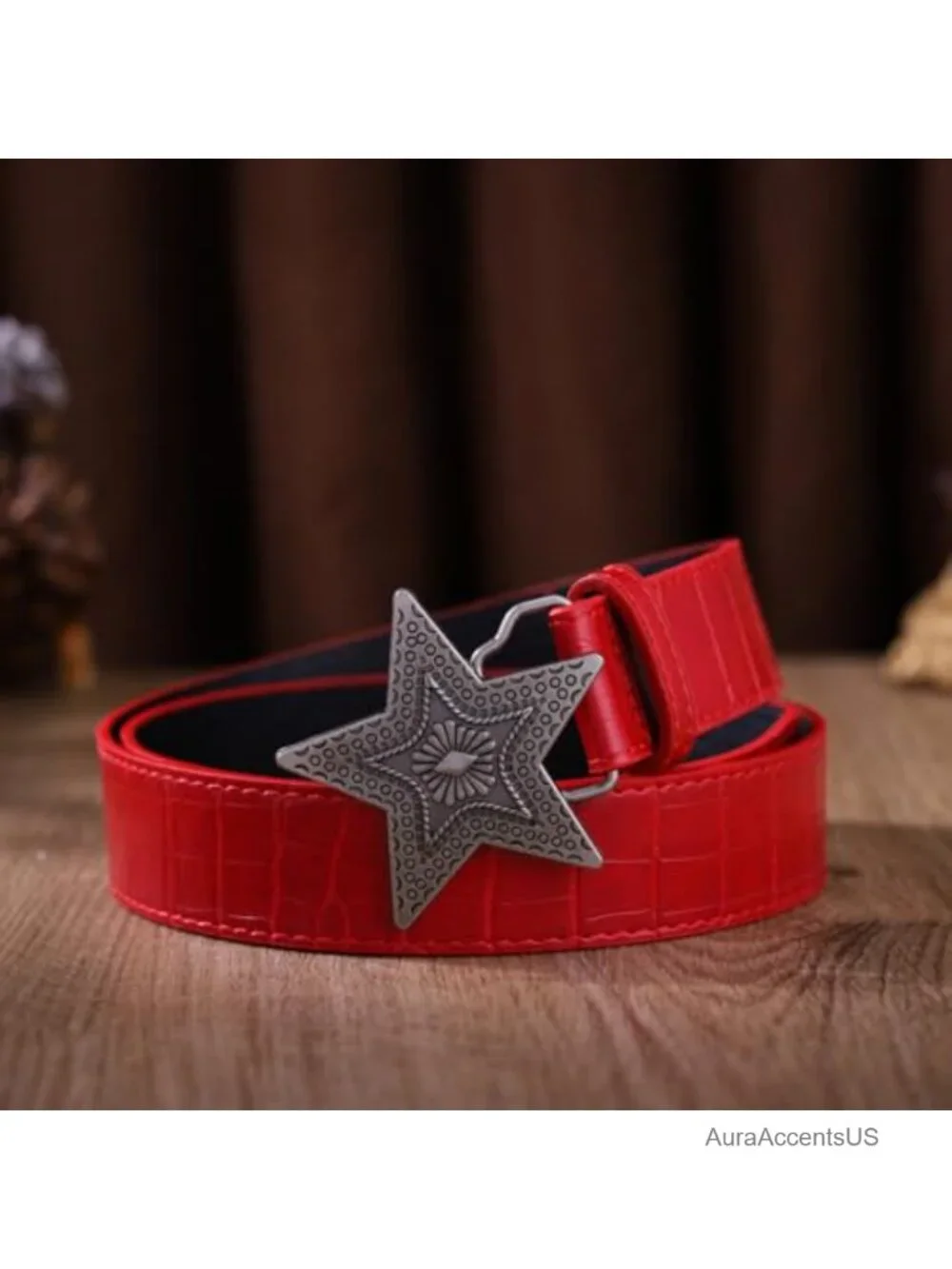 Faux Leather Red Western Belt with Floral Buckle for Women